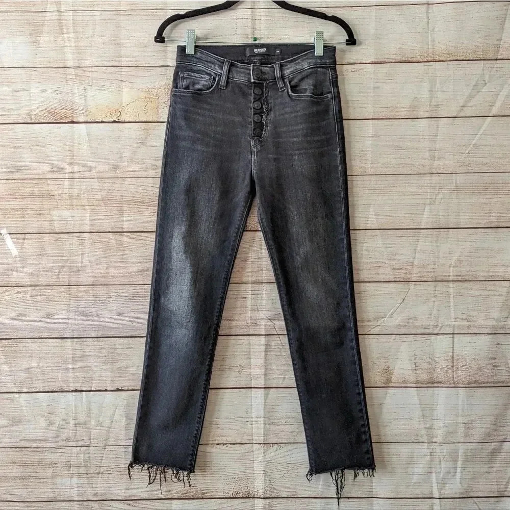 Hudson Size 26 Barbara Skinny Jeans Charcoal Raw Hem Stretchy Exposed Buttonfly